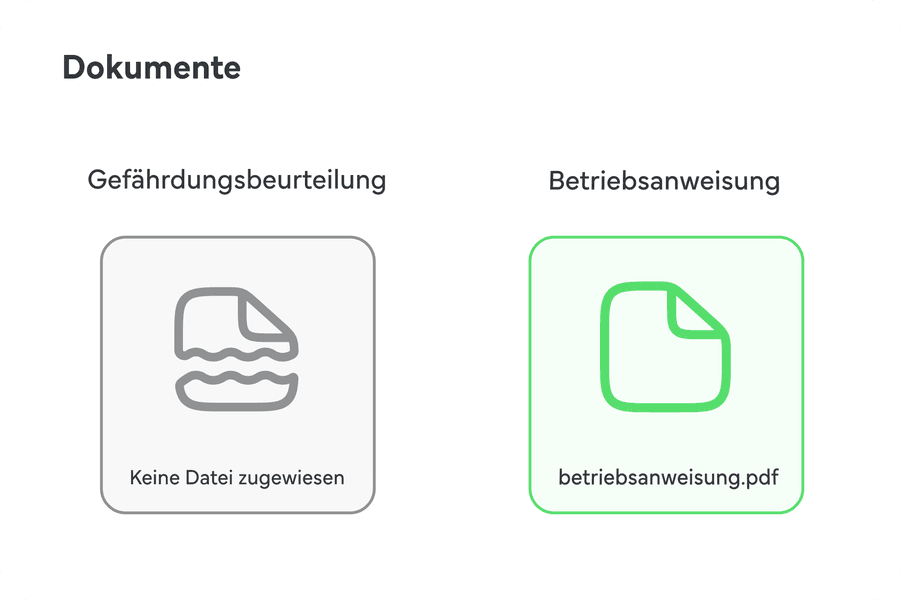 Dokumentenkarte: Gefährdungsbeurteilung ohne Datei, Betriebsanweisung als PDF hinterlegt