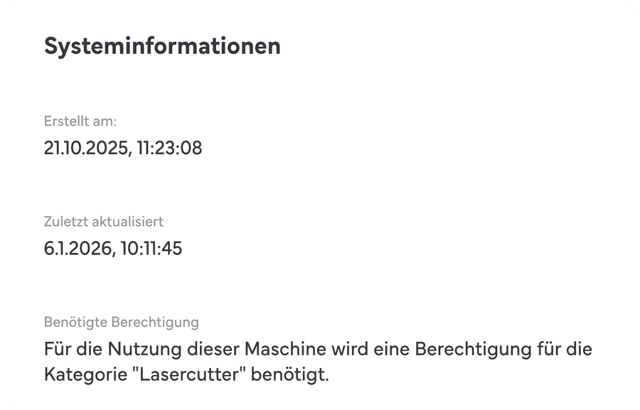Systeminformationen einer Maschine mit benötigter Berechtigung für die Kategorie Lasercutter