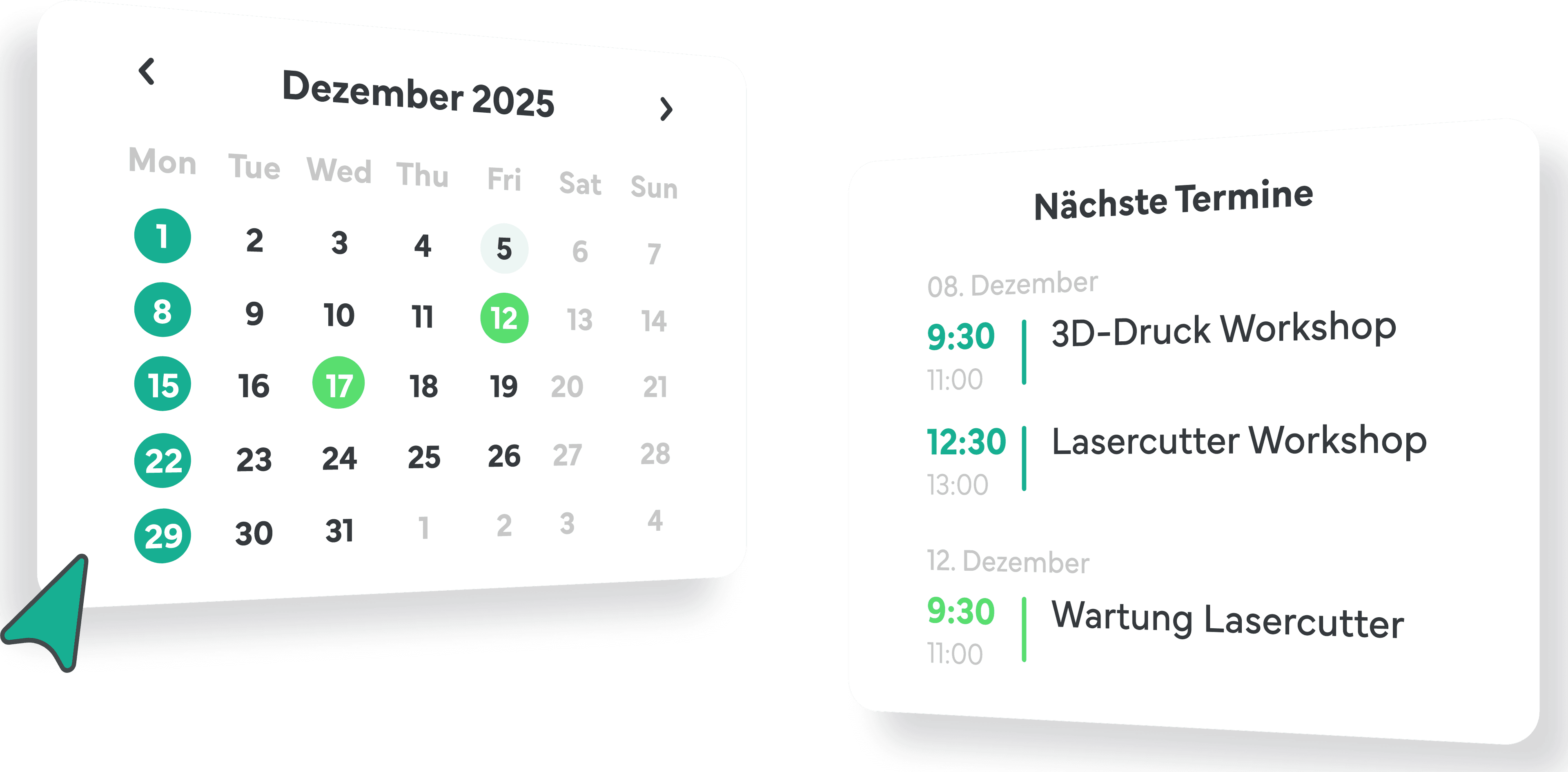 Illustration: Monatskalender und Liste der nächsten Termine mit 3D-Druck- und Lasercutter-Workshop